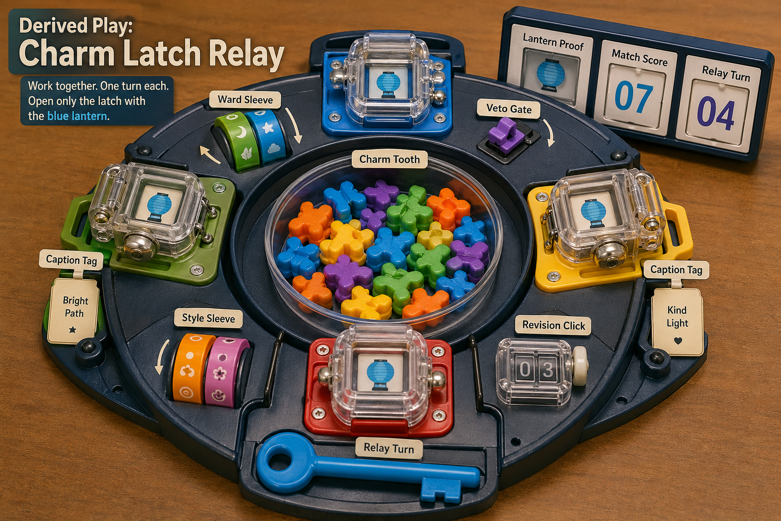 Round cooperative tabletop charm latch relay game with harmless transparent toy latches, central bowl of colorful charm teeth, ward sleeves, veto gate clip, caption tags, revision click counter, blue key, lantern proof, match score, and relay turn displays