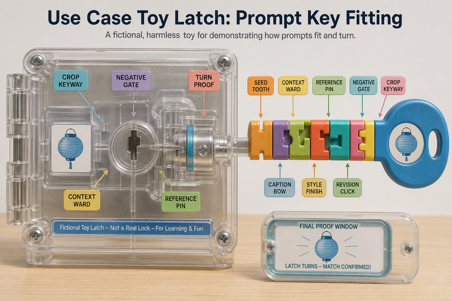 Transparent harmless toy diary latch and oversized modular plastic key with labeled tooth blocks, context ward, reference pin, negative gate, crop keyway, caption bow, style finish, revision click, and blue paper lantern turn proof window