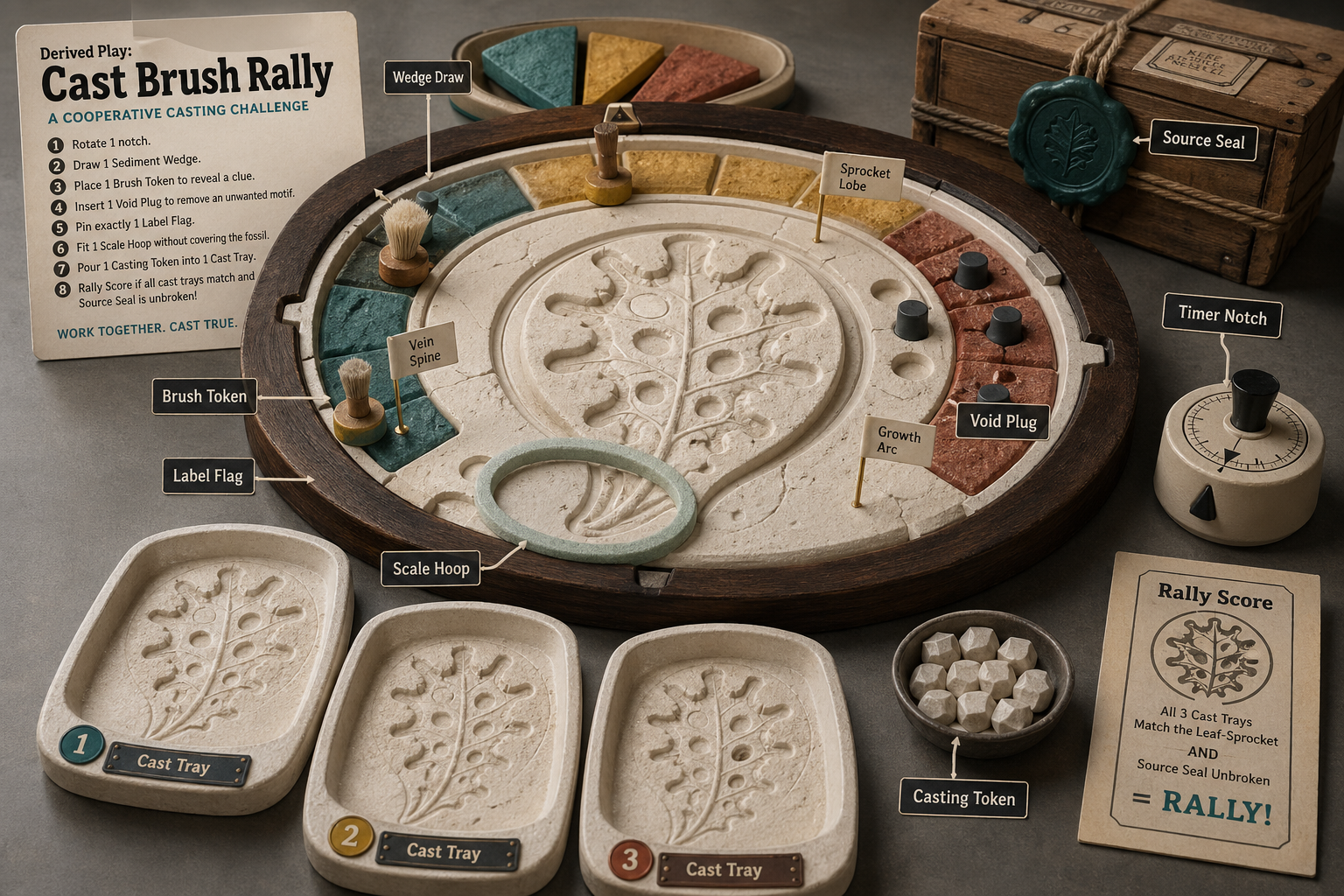 Oval plaster fossil casting arena with central fictional leaf-sprocket mold, sediment wedges, brush tokens, void plugs, label flags, scale hoops, cast trays, turn timer, source seal crate, and rally score markers