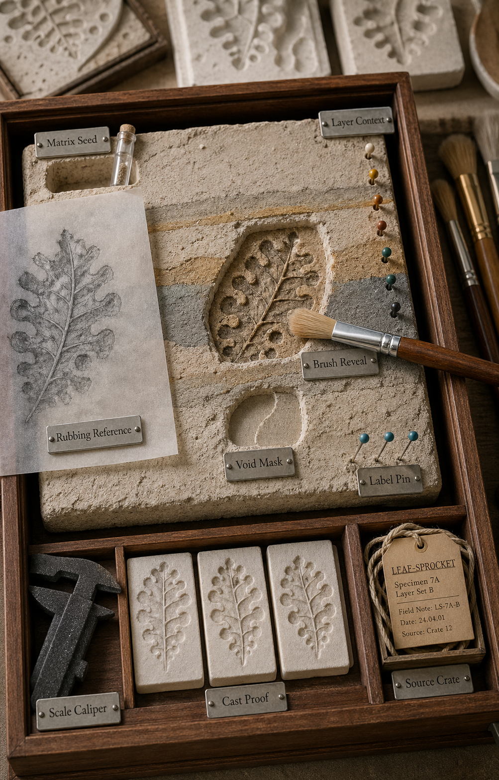 Vertical museum prep drawer with a stratified plaster prompt excavation block, fictional leaf-sprocket fossil, vellum rubbing reference, brush reveal window, void masks, label pins, scale calipers, cast proof plaques, and source crate tags