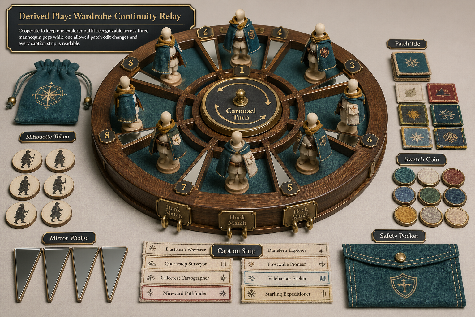 Circular miniature wardrobe carousel tabletop relay with eight radial bays, faceless mannequin pegs, cape tiles, cuff rings, sash tokens, embroidered caption strips, swatch coins, mirror wedges, continuity hooks, and safety pocket