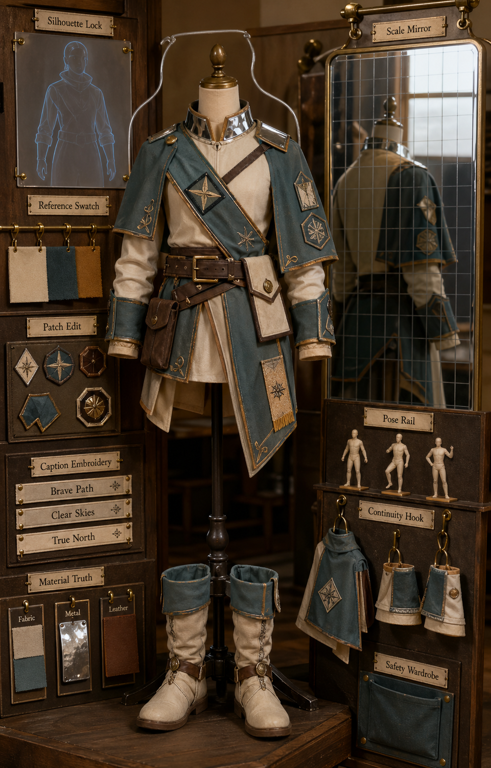 Vertical fashion atelier fitting alcove with an empty mannequin wearing a fictional explorer costume, silhouette lock panel, reference swatches, patch edits, caption embroidery strips, material truth cards, scale mirror, pose rail, continuity hooks, and safety wardrobe pocket