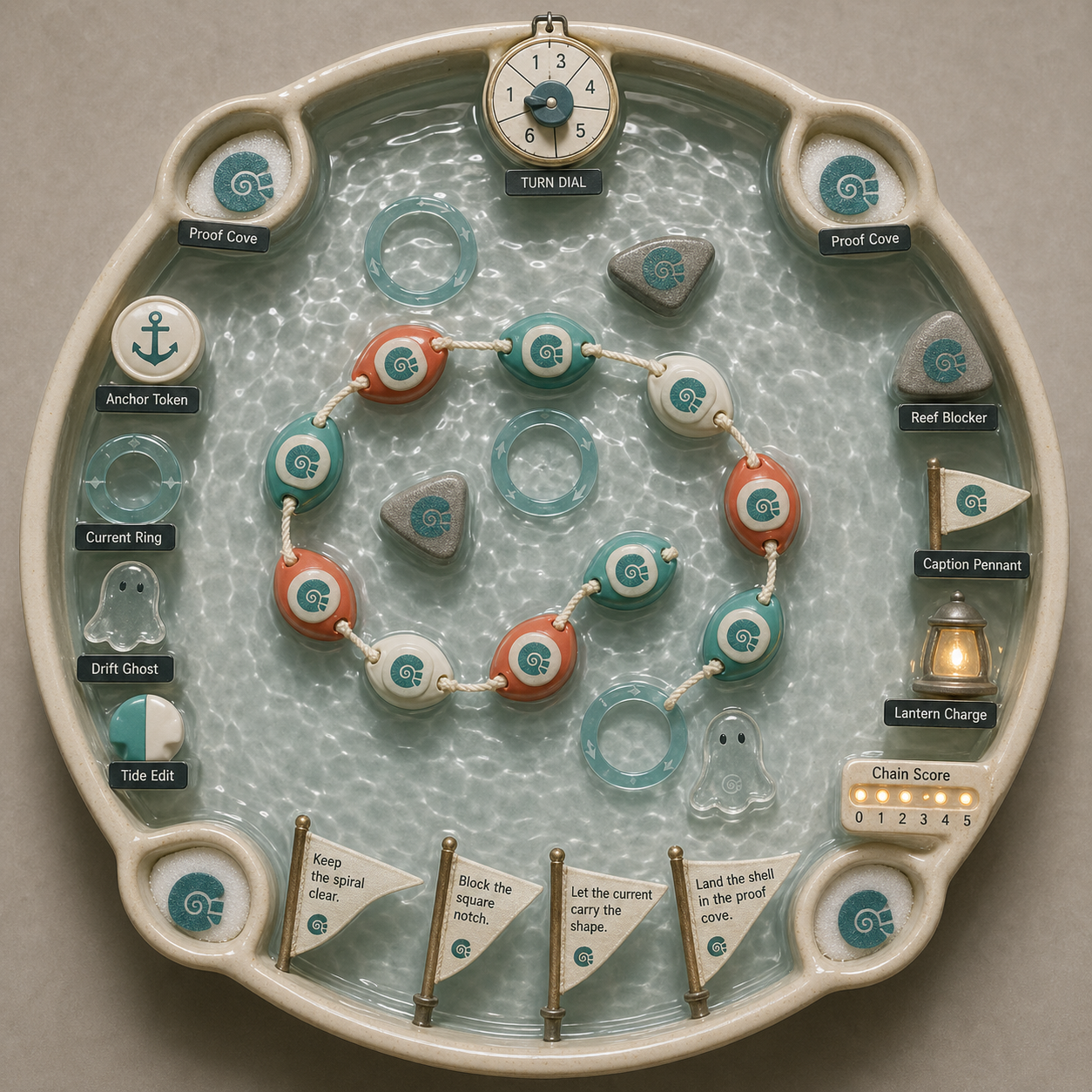 Square overhead product photograph of a round ceramic water basin game with floating modular buoys, current rings, drift ghosts, tide edit buoy, reef blockers, caption pennants, lantern charges, proof coves, chain score markers, and teal notched spiral shell tokens