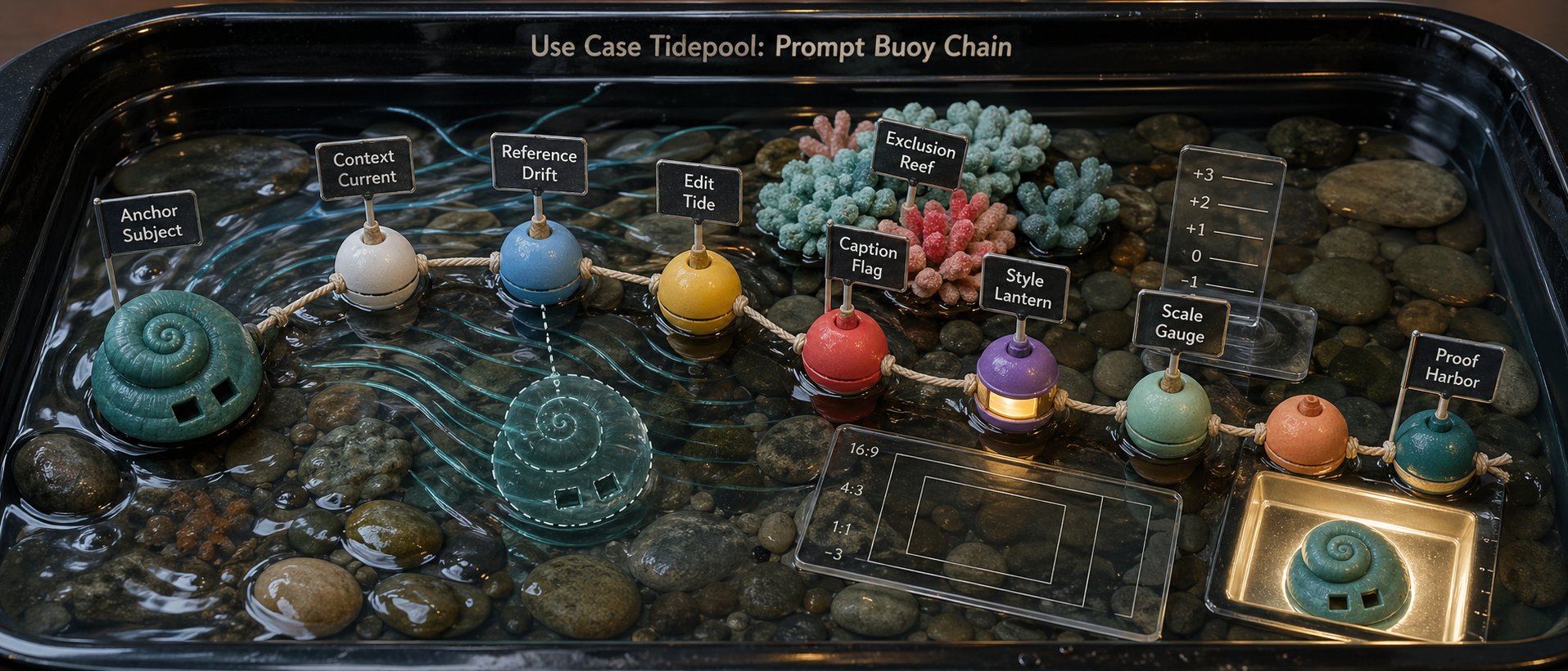 Panoramic tabletop tidepool water diorama with floating buoy chain, teal notched spiral shell, context current flow lines, reference drift ghost marker, edit tide pocket, exclusion reef blockers, caption flags, style lantern buoy, scale gauge rulers, and proof harbor window
