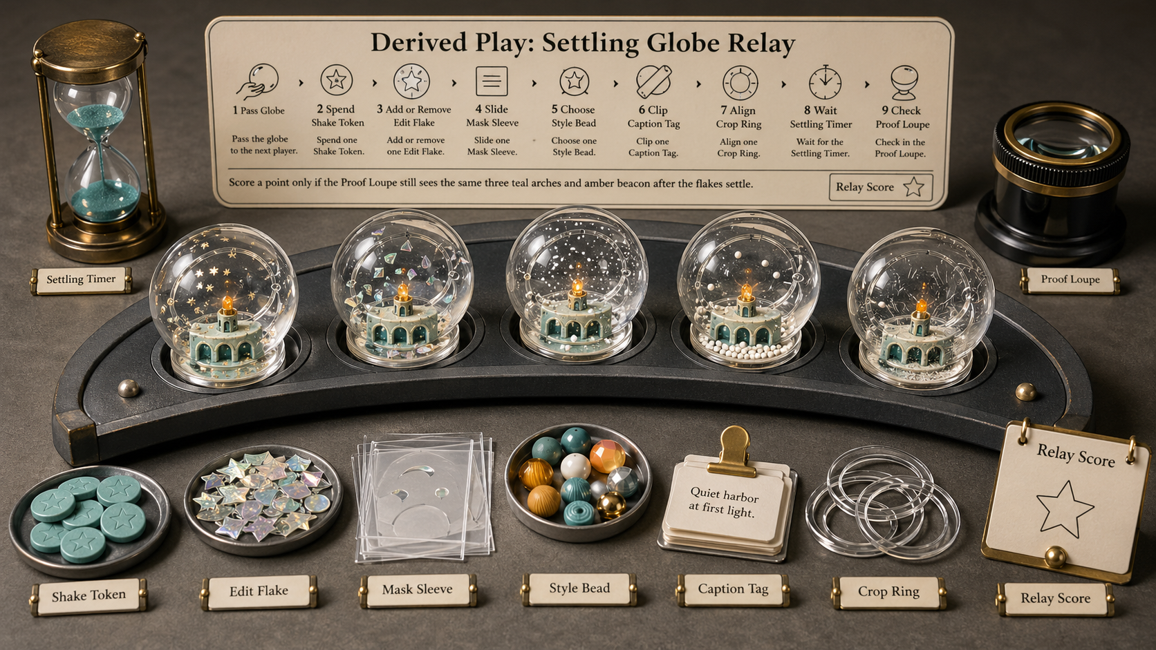 Wide low-oblique product photograph of crescent rack with five small transparent snowglobes, ceramic moon-harbors, shake tokens, edit flakes, mask sleeves, style beads, caption tags, crop rings, settling timer, proof loupe, and relay score