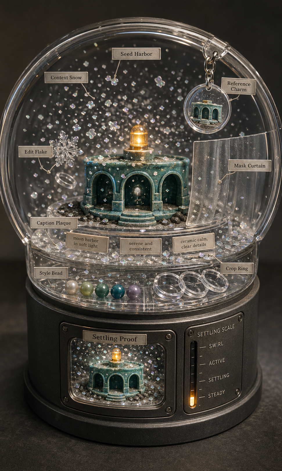 Vertical macro product photograph of a transparent snowglobe cutaway with ceramic moon-harbor, teal archways, amber beacon, context snow, reference charm, edit flake, mask curtain, caption plaques, style beads, crop rings, and settling proof window