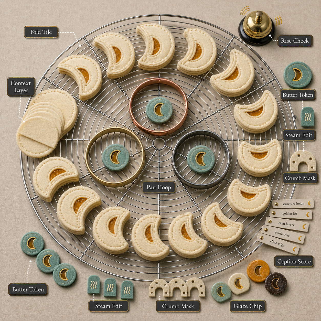 Square overhead product photograph of a round cooling-rack tabletop rally with crescent layer tiles, context layers, butter tokens, steam edit tabs, crumb mask gates, pan hoops, caption score strips, glaze chips, and rise check bell