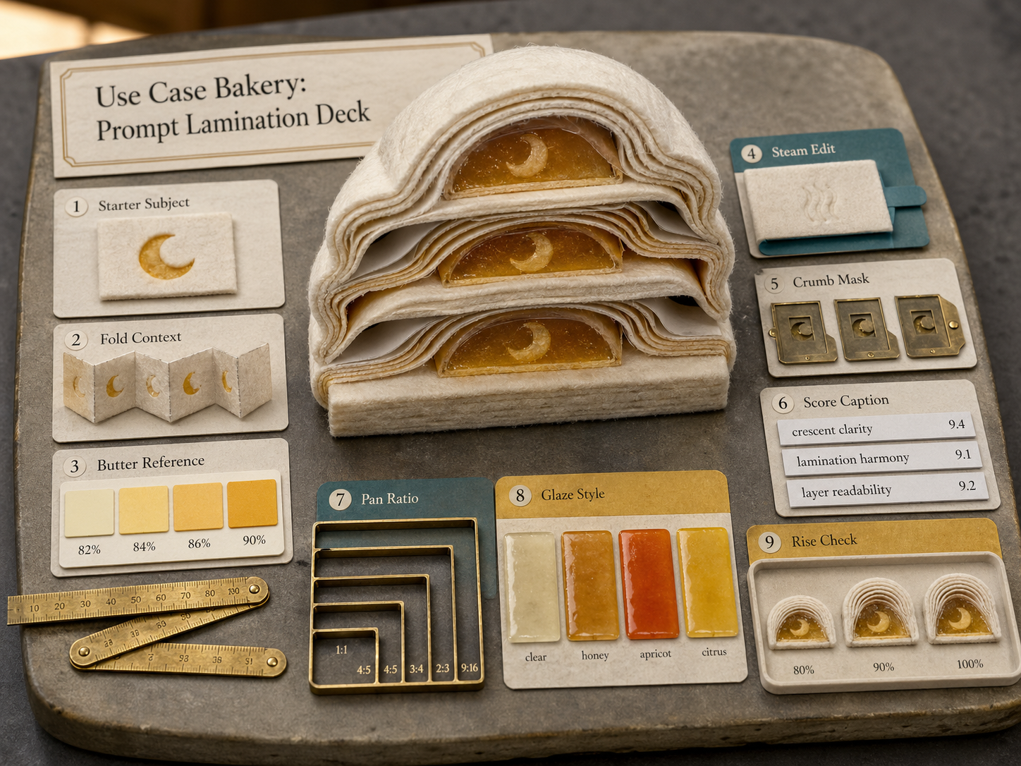 Close macro product photograph of a fictional bakery lamination deck with felt pastry layers, amber crescent windows, fold context cards, butter reference swatches, steam edit tab, crumb mask shutters, score caption strips, pan ratio frames, glaze style chips, and rise check tray