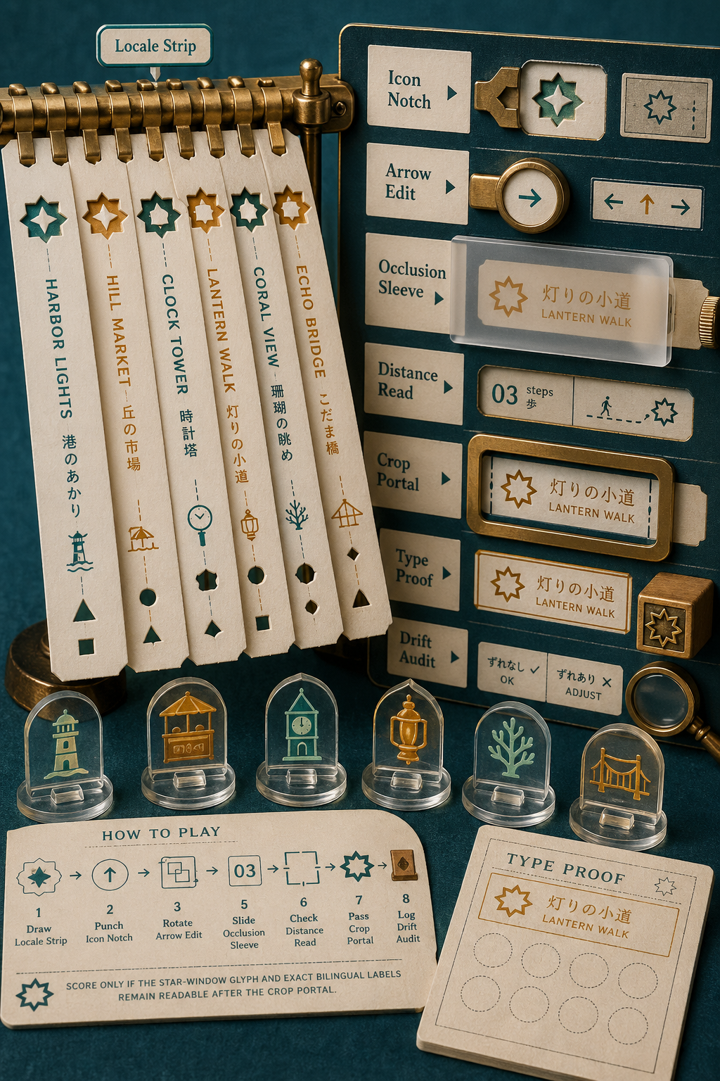 Vertical macro product photograph of thick fictional transit tickets on a brass punch rail with acrylic station markers, icon notches, arrow edit tabs, occlusion sleeves, distance read windows, crop portal frame, type proof stamp, and repeated star-window glyph