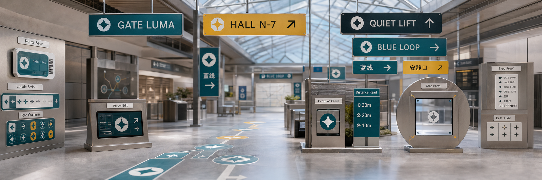Ultra-wide miniature architectural photograph of a fictional transit concourse with teal and saffron bilingual wayfinding signs, floor arrows, star-window glyphs, occlusion tabs, crop portals, distance markers, and prompt QA inspection labels
