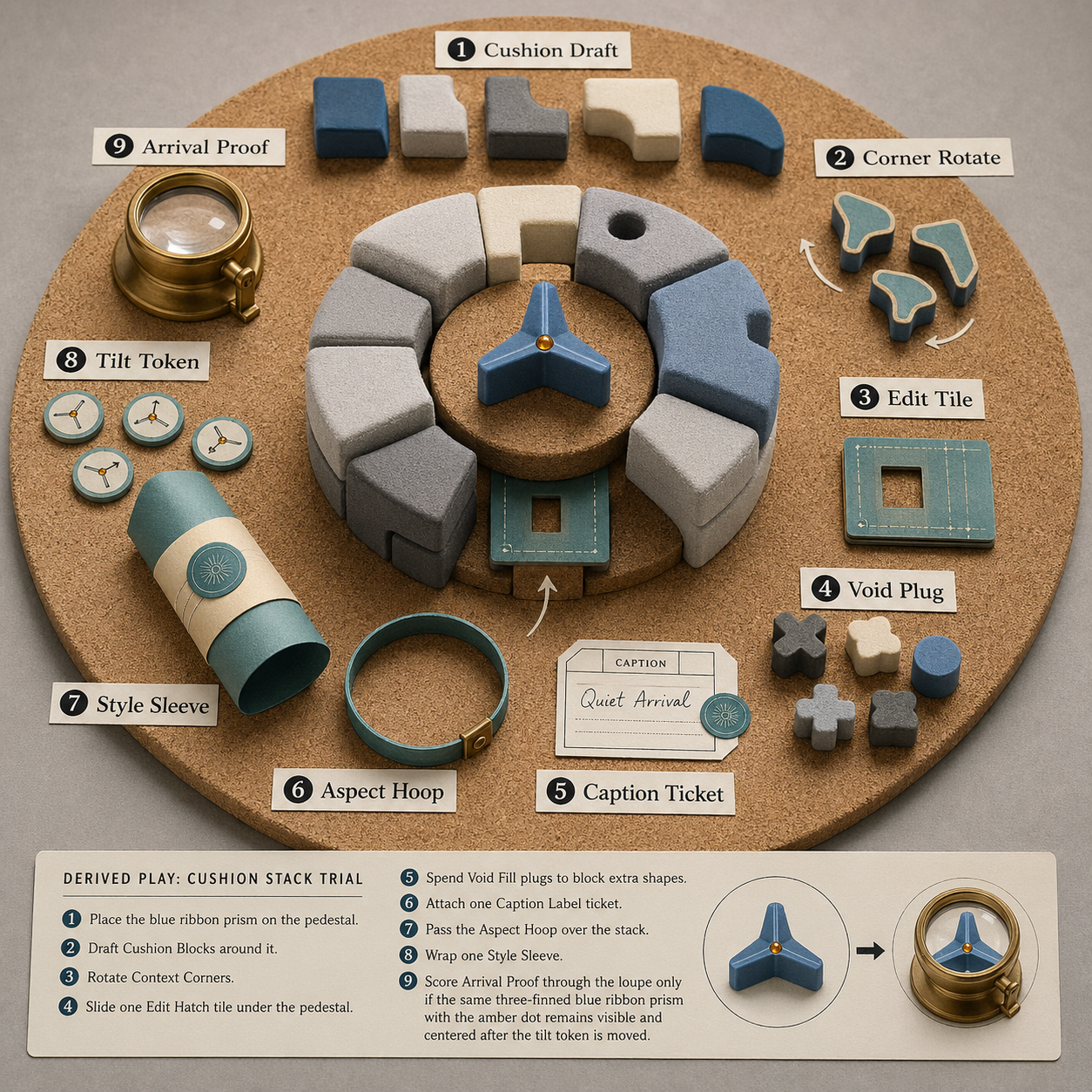 Square overhead tabletop product photograph of a circular cork test pad with foam cushion blocks, blue ribbon prism, tilt token, edit tile, void plugs, caption tickets, aspect hoop, style sleeve, source seal tabs, and arrival proof loupe
