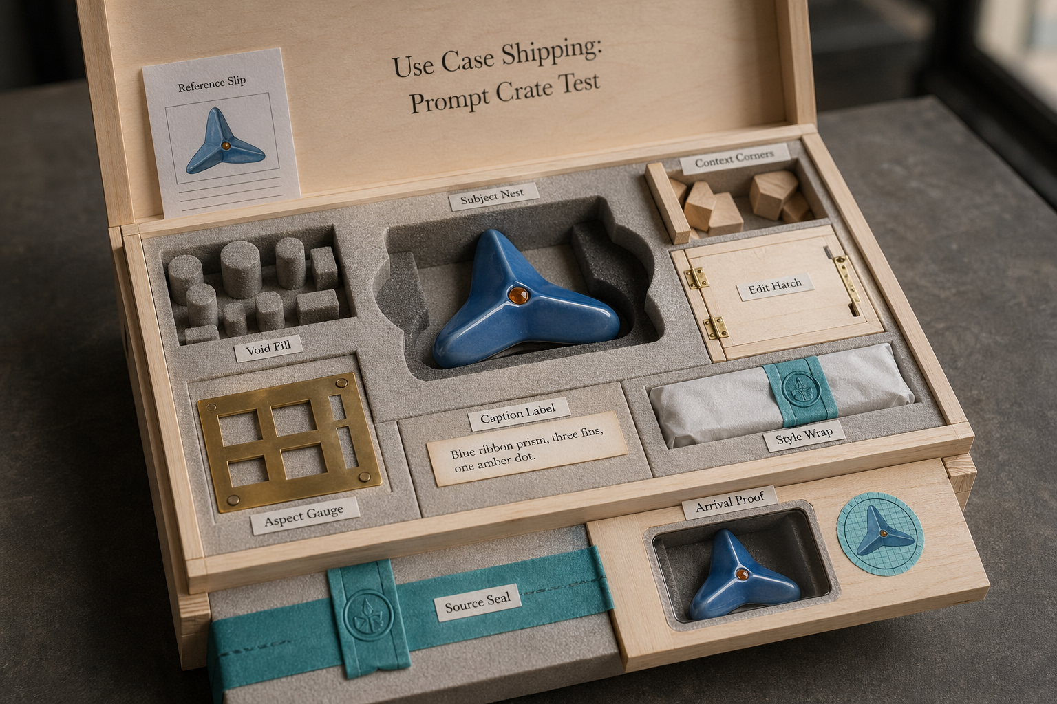 Low-oblique product photograph of an open fictional shipping stress-test crate with paper foam nest, blue ribbon prism, corner blocks, reference slip, edit hatch, void fill plugs, caption labels, aspect gauges, style wraps, source seals, and arrival proof window