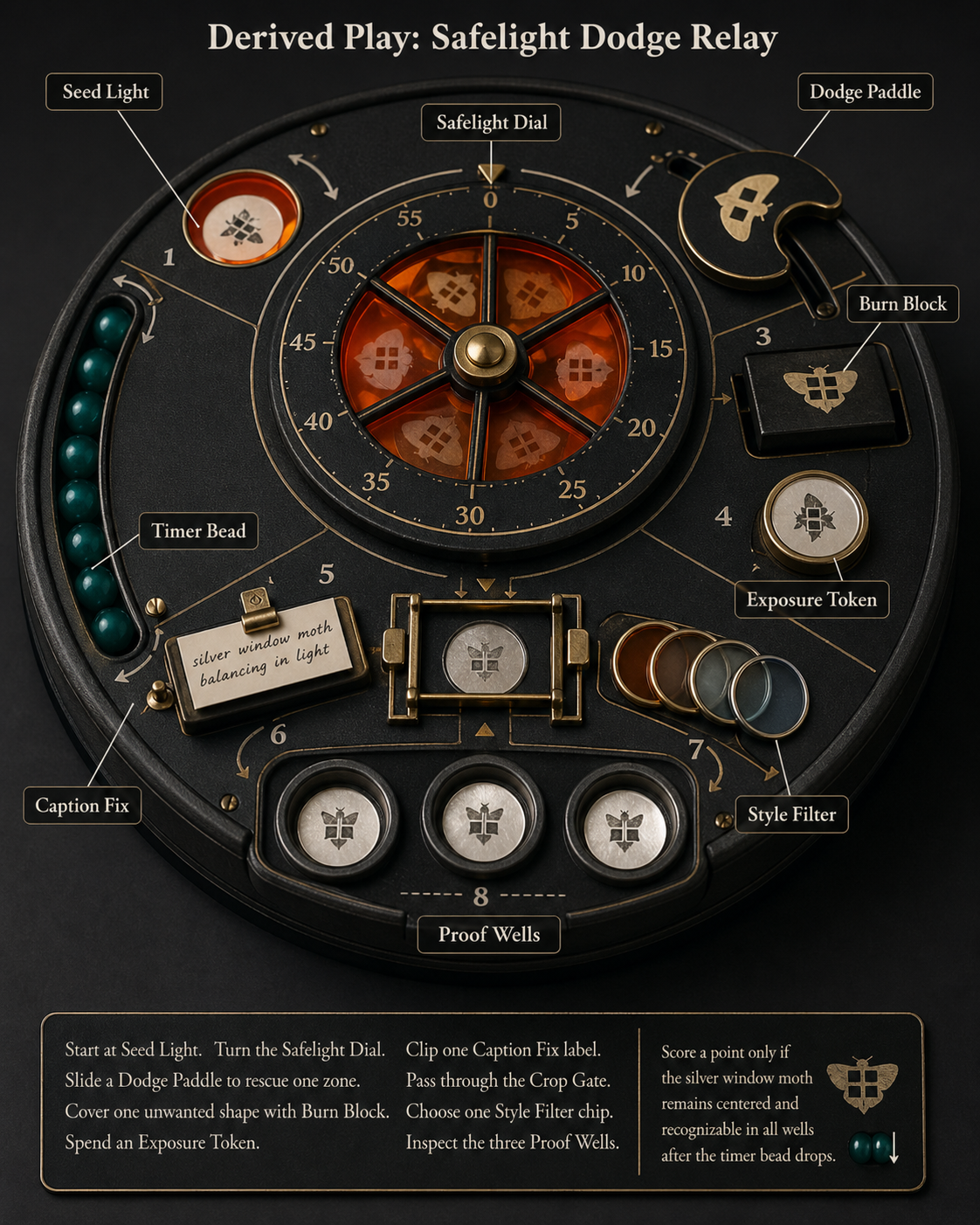 Vertical overhead-oblique tabletop safelight timer game with circular black enamel arena, amber light windows, dodge paddles, burn blocks, exposure tokens, fix clips, aperture gate, tone filter chips, timer bead, three proof wells, and silver window moth tokens