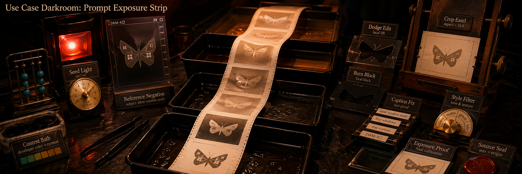 Ultra-wide amber safelight darkroom bench with curled pearl photo-paper exposure strip, developer trays, acetate dodge masks, exposure dials, crop easel shutters, caption tabs, filter chips, wax seals, and repeated abstract silver window moth motif