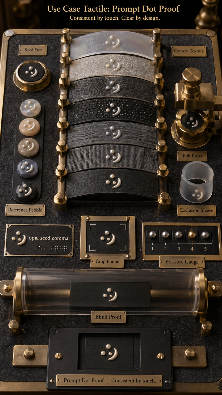 Vertical tactile proofing workbench with brass embossing table, curved raised-dot sample ribbons, reference pebble tokens, edit press, exclusion sleeve, pressure gauge, crop frame, blind proof tunnel, and repeated opal seed comma glyph