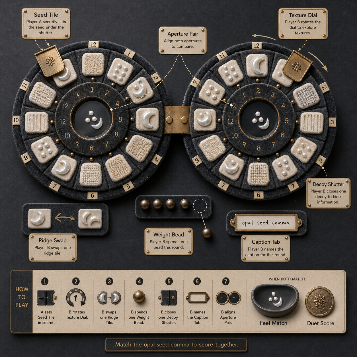 Square overhead tactile cipher duet with two concentric charcoal felt dials, velvet pockets, pearl raised-dot tiles, crescent ridge tiles, brass shutters, aperture pair, feel match bowl, and duet score coin