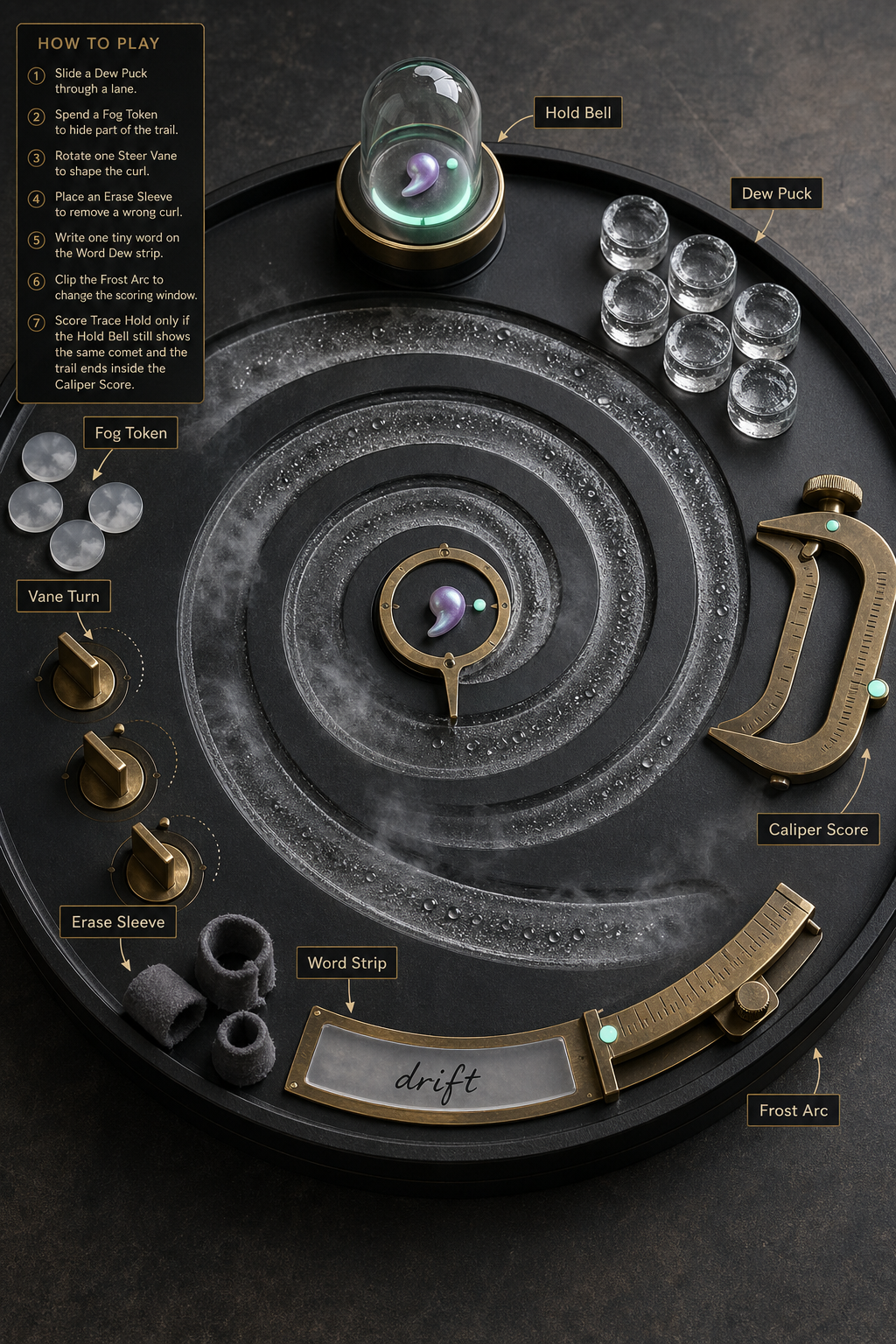 Vertical overhead-oblique product photograph of a circular black dew-trace curling arena with spiral condensation lanes, glass pucks, fog tokens, steer vanes, eraser sleeves, word strip, frost arc, brass caliper score, and hold bell with violet comma comet