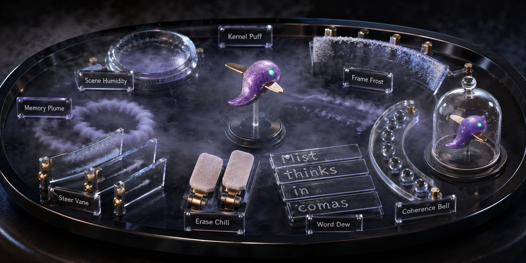Panoramic macro product photograph of a fictional black acrylic condensation chamber with cool mist, violet comma comet, chilled glass vanes, dew-writing strips, memory plume ring, erase chill paddles, frame frost arc, coherence beads, and trace hold bell