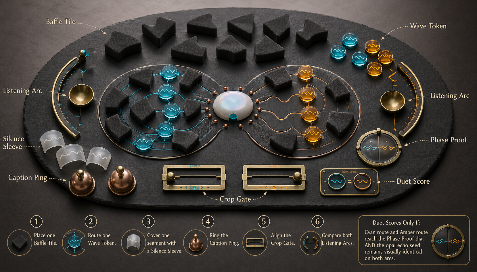 Wide overhead-oblique product photograph of an oval slate acoustic puzzle mat with charcoal foam baffle tiles, brass listening arcs, cyan and amber wave tokens, silence sleeves, caption ping bells, crop gates, phase proof dial, duet score plate, and opal echo seed