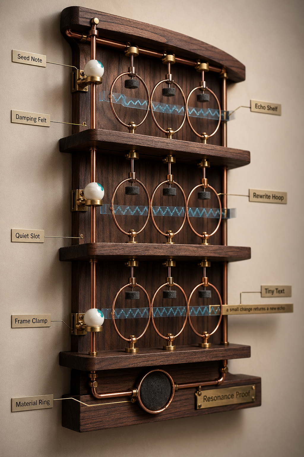 Vertical museum product photograph of a fictional wall-mounted acoustic resonance shelf with black walnut shelves, copper tuning hoops, charcoal felt dampers, translucent cyan sound strips, opal echo seed beads, frame clamps, material ring, tiny text tab, and resonance proof label