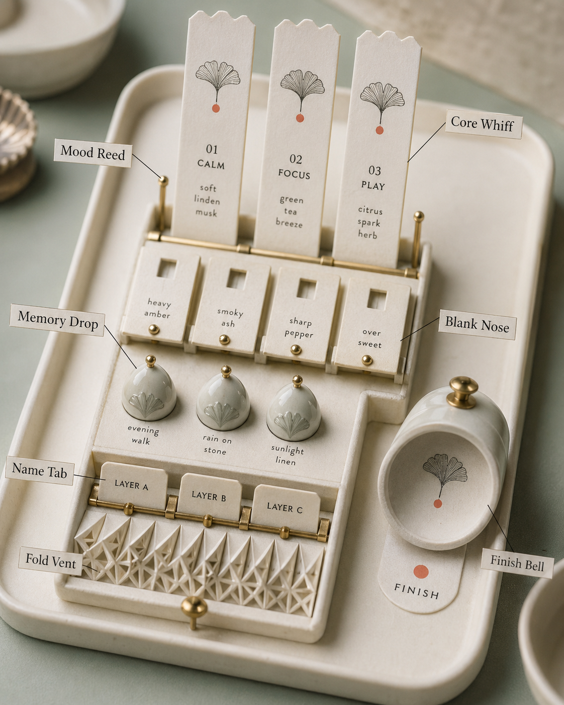 Vertical macro product photograph of a fictional perfume-blotter organ with folded ivory paper scent reeds, ceramic memory drops, blank-nose shutters, fold vents, name tabs, finish bell, and a silver ginkgo marker with coral dot