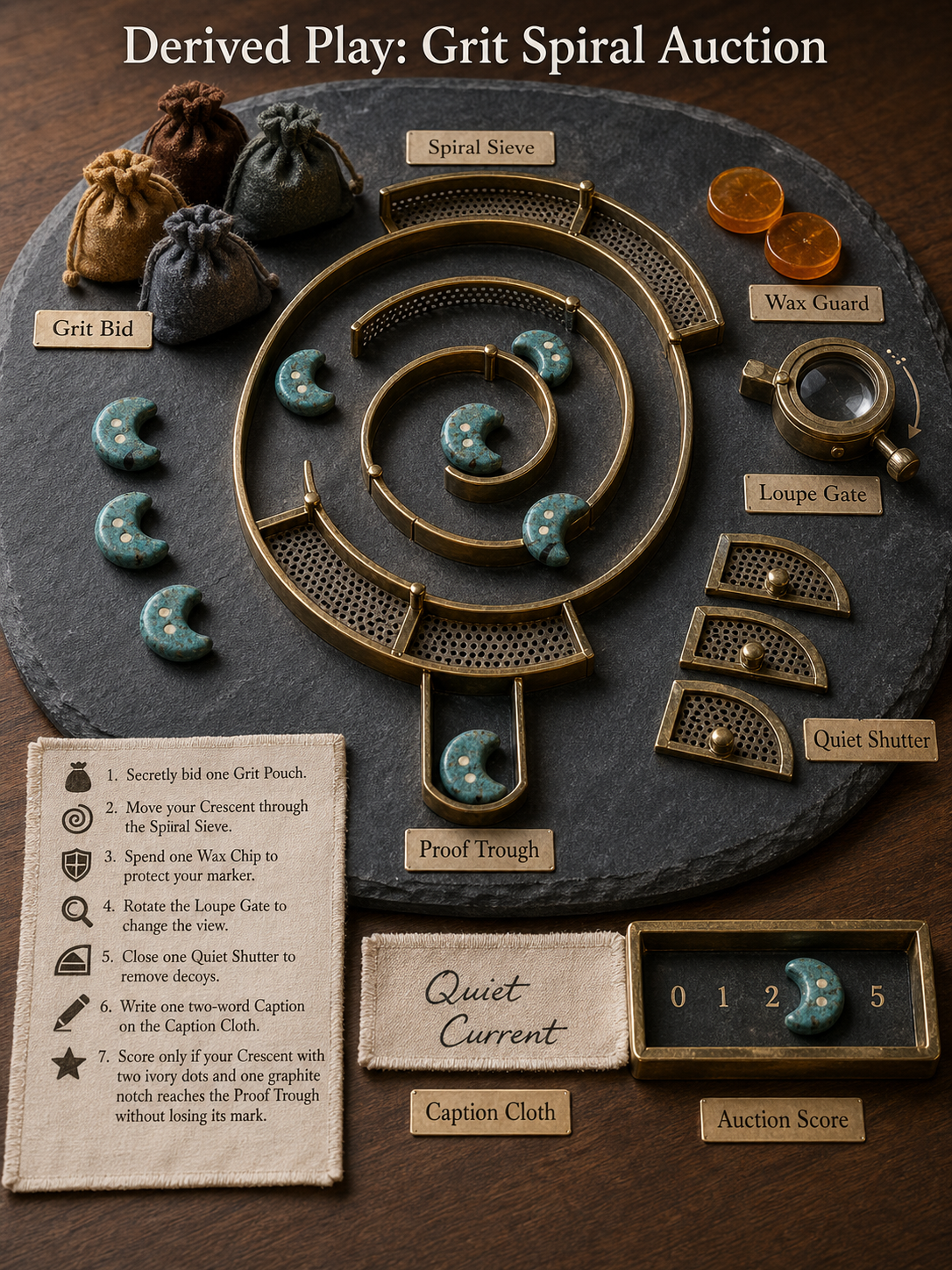 Vertical overhead-oblique product photograph of a fictional grit spiral auction tabletop game with oval slate mat, brass spiral sieve track, turquoise crescent pebble tokens, felt grit pouches, amber wax chips, rotating loupe gate, quiet-sieve shutters, caption cloth banner, and proof trough