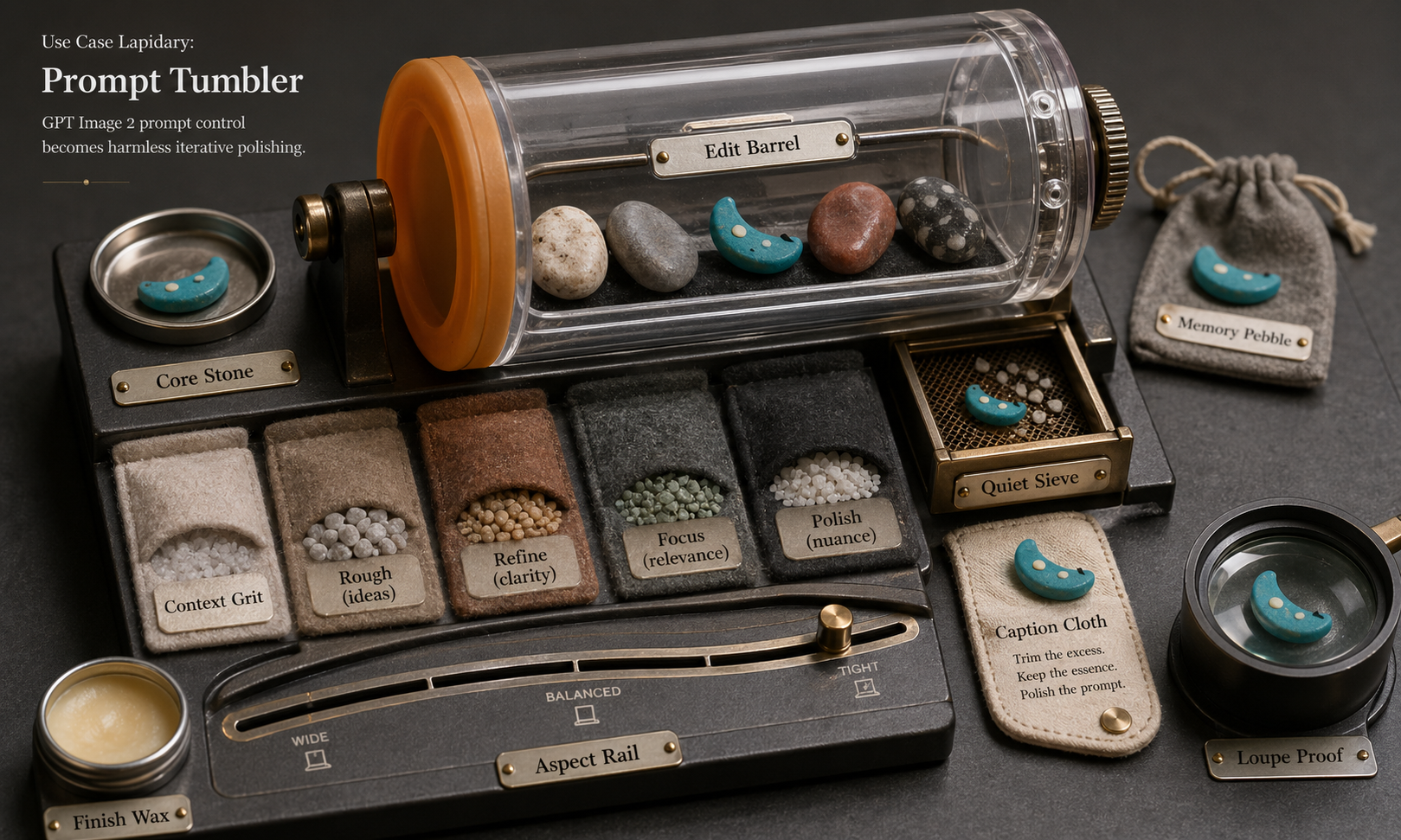 Horizontal cutaway macro product photograph of a fictional tabletop stone-polishing tumbler with clear barrel, amber liner, felt grit sachets, sieve drawer, timing rail, polish cloth tab, inspection loupe, and turquoise crescent seed marker