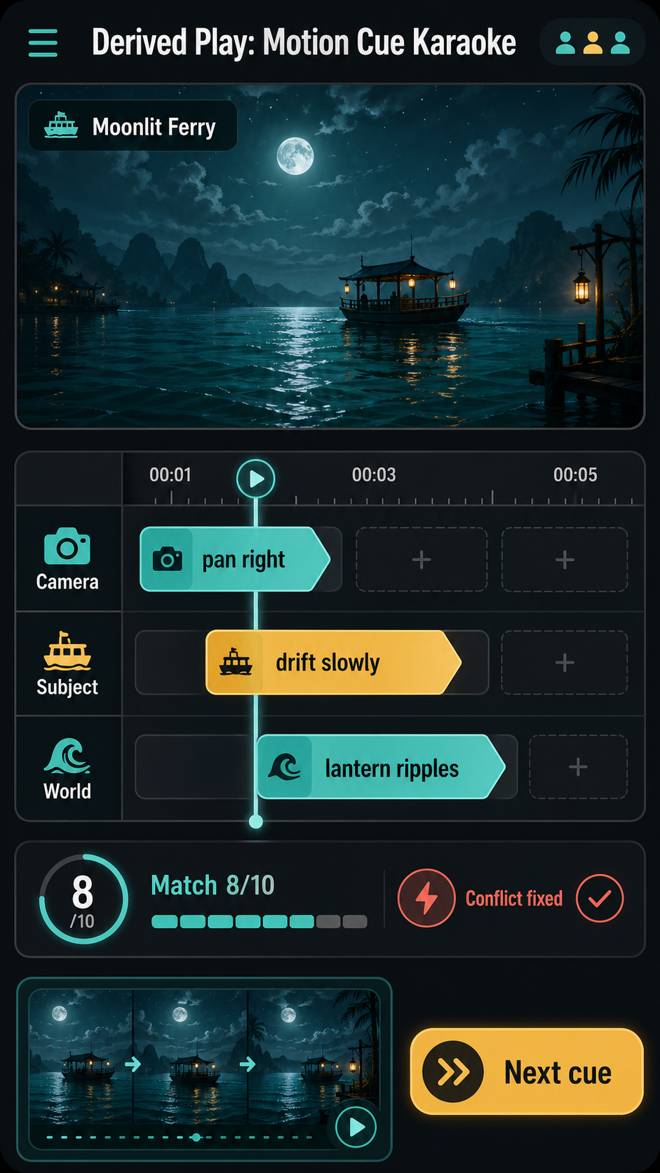 Vertical mobile challenge interface titled Motion Cue Karaoke with Moonlit Ferry preview, camera subject world cue lanes, timeline playhead, pan right, drift slowly, lantern ripples cue cards, match score, conflict fixed, and next cue button