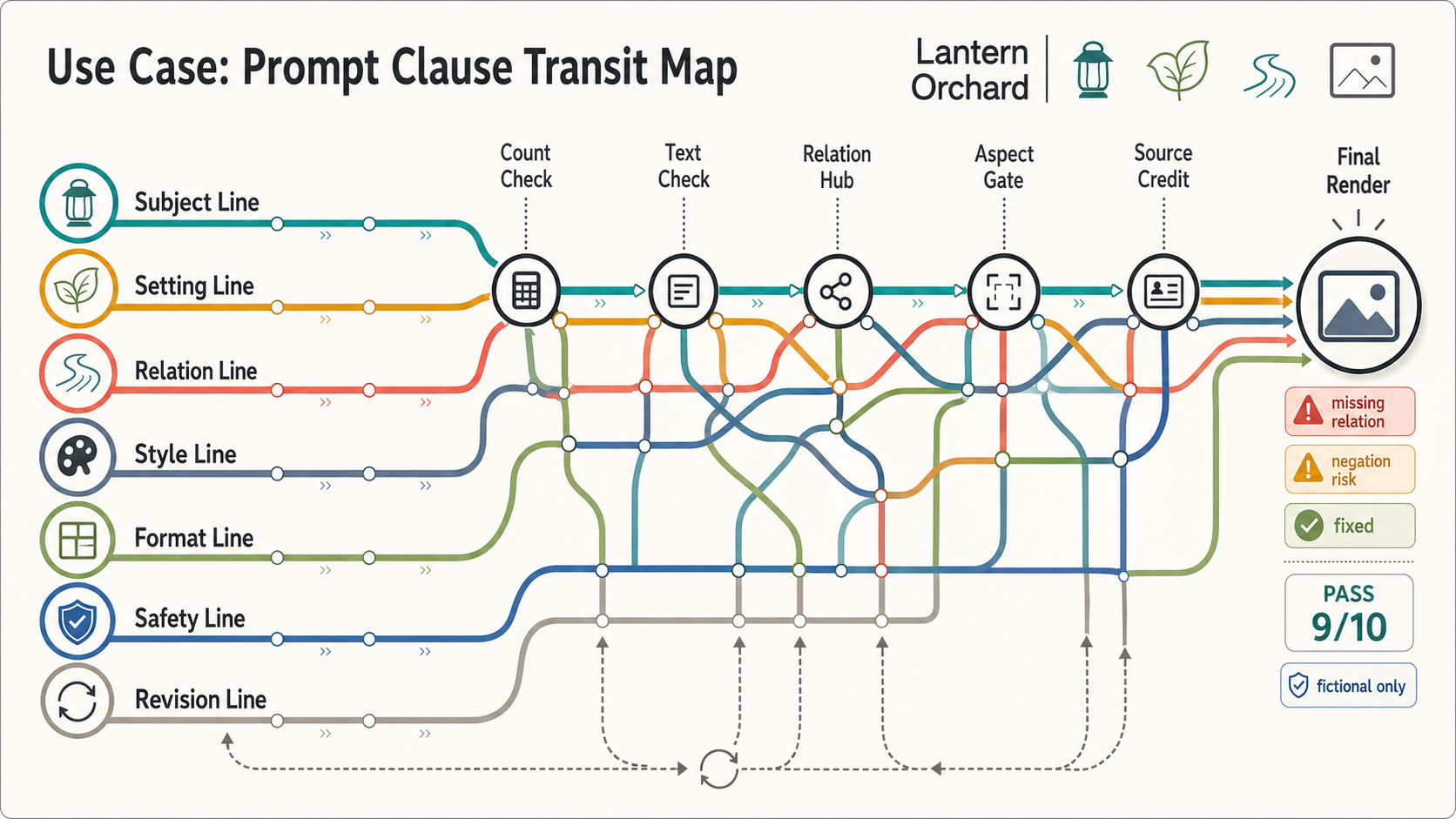 Ultra-wide information visualization titled Prompt Clause Transit Map with seven prompt clause transit lines, Count Check, Text Check, Relation Hub, Aspect Gate, Source Credit, Final Render, warning chips, and PASS 9/10