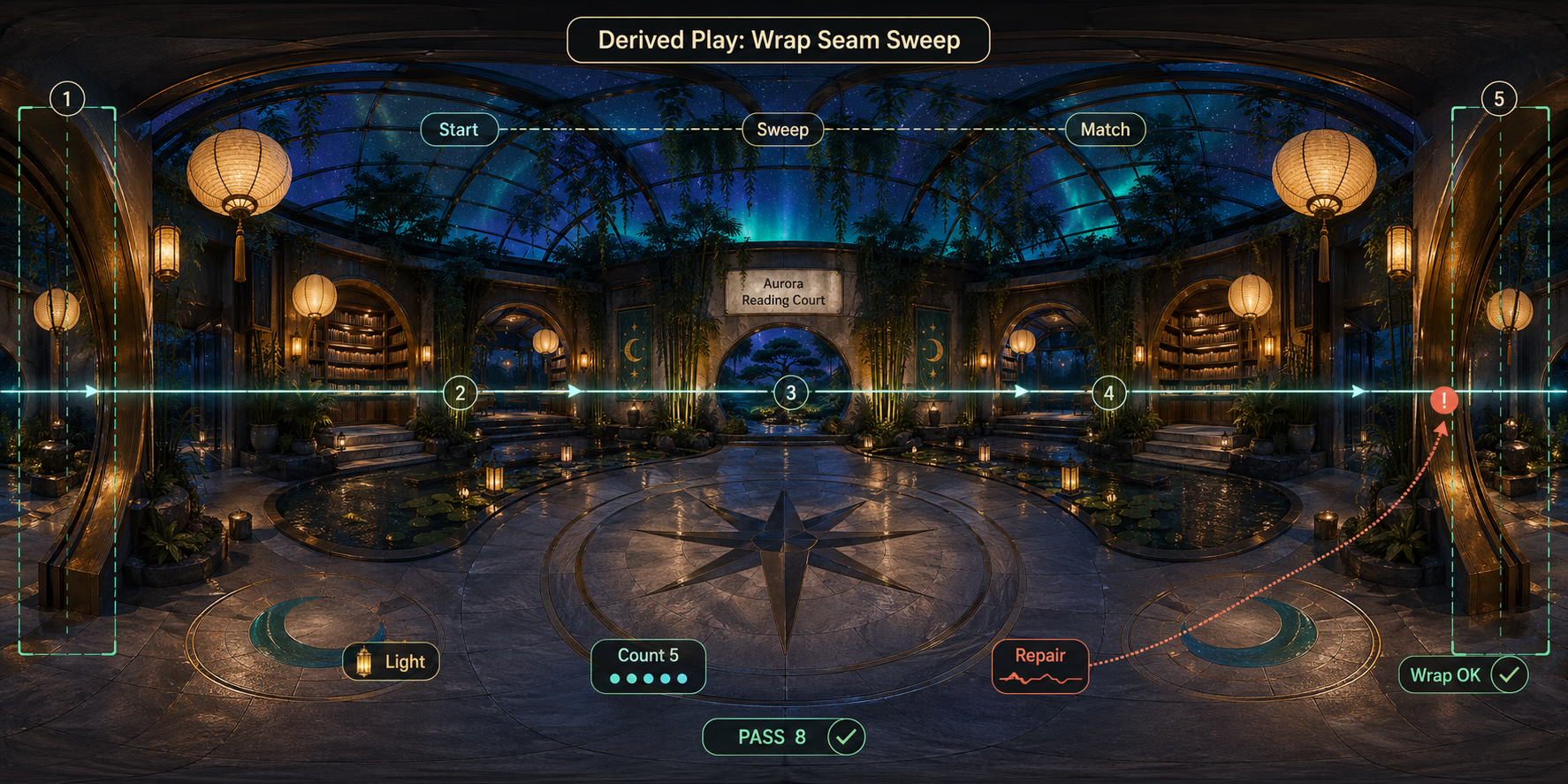Ultra-wide 2 to 1 panorama titled Derived Play Wrap Seam Sweep with Aurora Reading Court, sweep line, numbered anchors, seam windows, repair ribbon, Wrap OK, and PASS 8