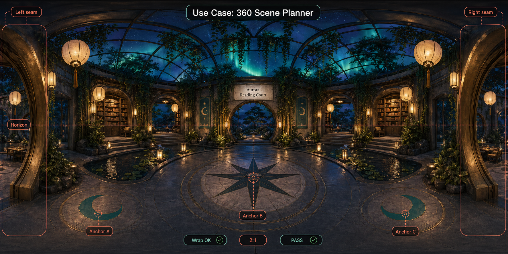Ultra-wide 2 to 1 equirectangular panorama titled Use Case 360 Scene Planner with Aurora Reading Court, left and right seam windows, horizon guide, anchor labels, Wrap OK, and PASS