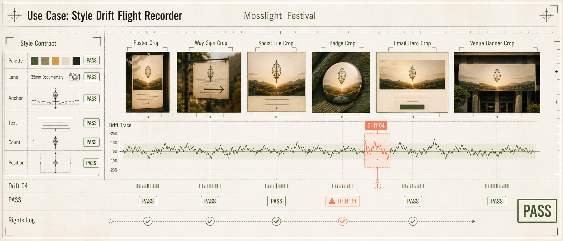 Ultra-wide creative operations strip titled Use Case Style Drift Flight Recorder with Mosslight Festival style contract, asset thumbnails, drift trace waveform, Drift 04 warning, rights log, and PASS