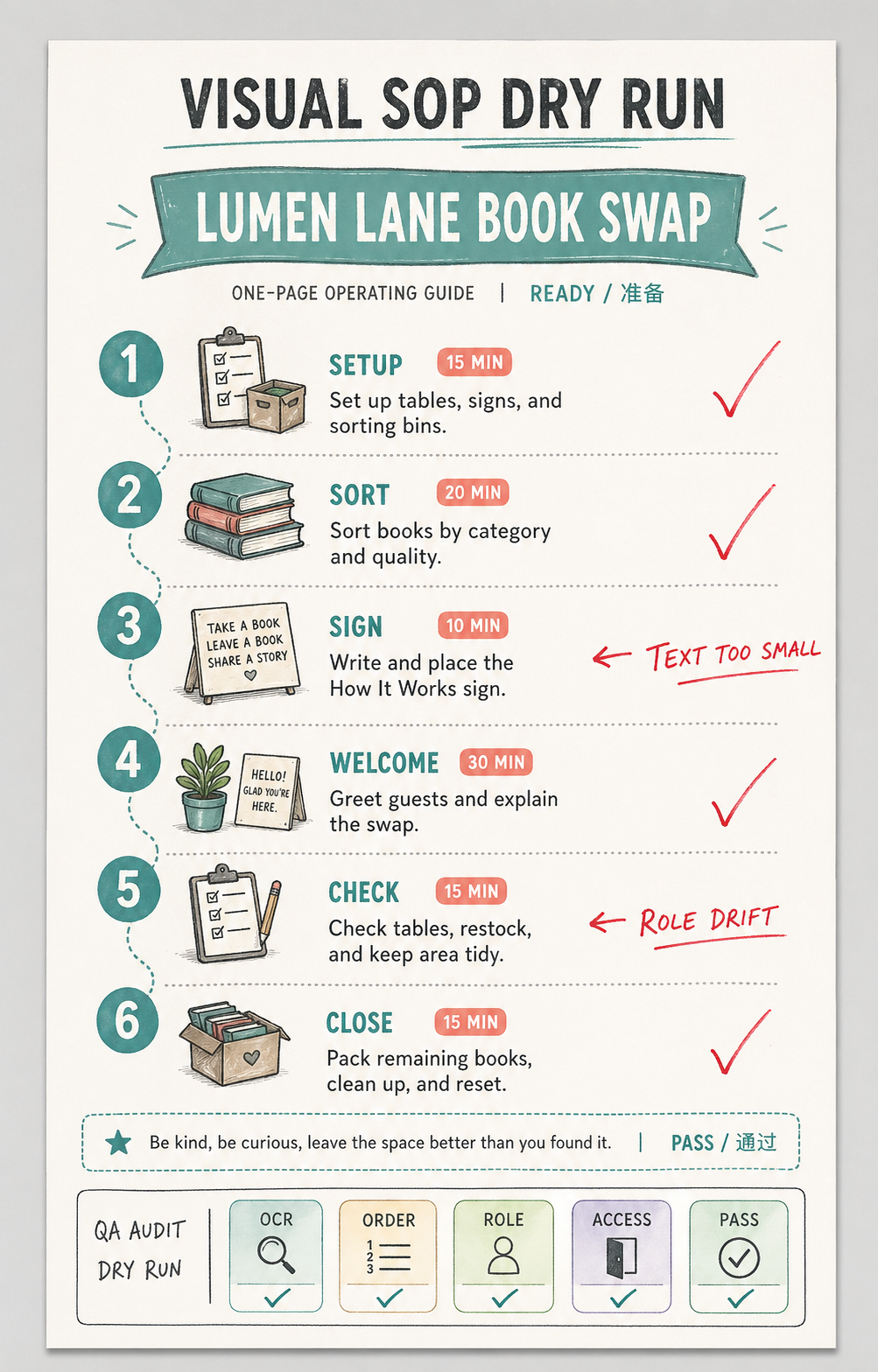 Portrait printable SOP titled Visual SOP Dry Run for Lumen Lane Book Swap with six numbered steps, bilingual ready and pass labels, QA audit strip, checkmarks, text too small note, and role drift note