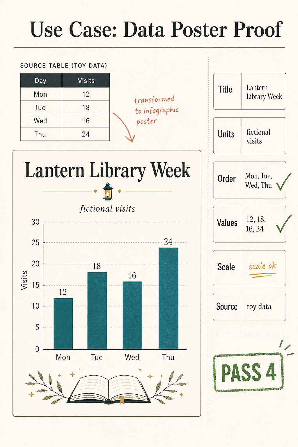 Vertical infographic proof poster titled Use Case Data Poster Proof with Lantern Library Week source table, matching bar chart values 12 18 16 24, proof chips for title units order values scale source, toy data note, and PASS 4 stamp