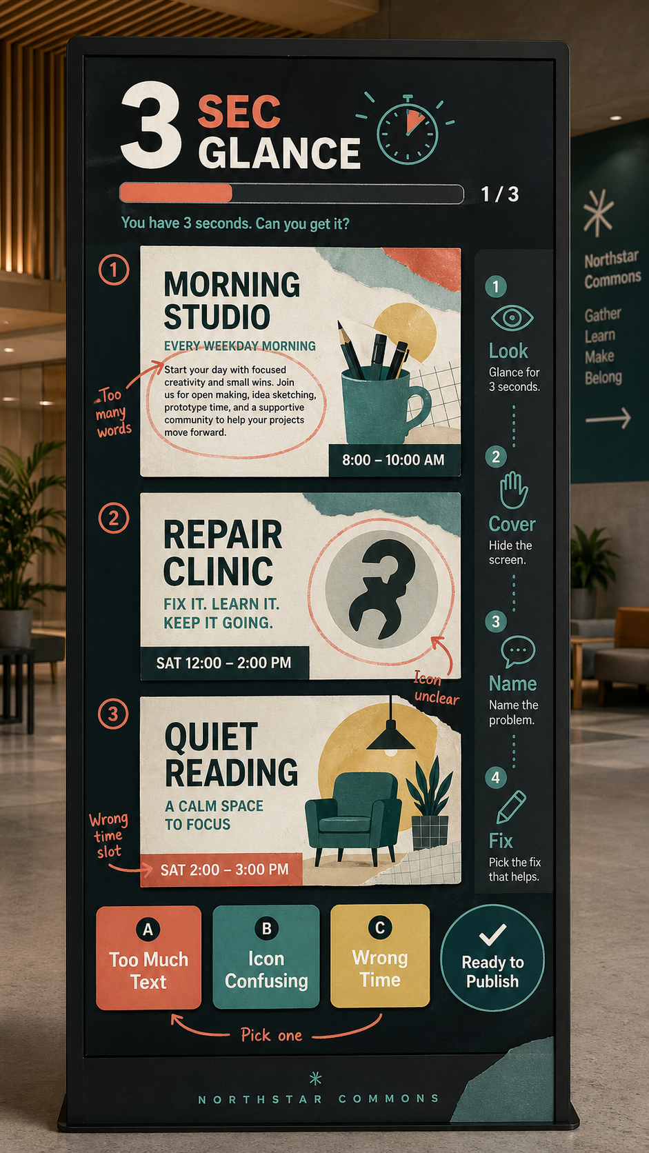 Vertical lobby digital sign titled Three Second Sign Test with three fictional public screen cards, numbered flaws for too much text, unclear icon, and wrong time, plus look cover name fix game rail