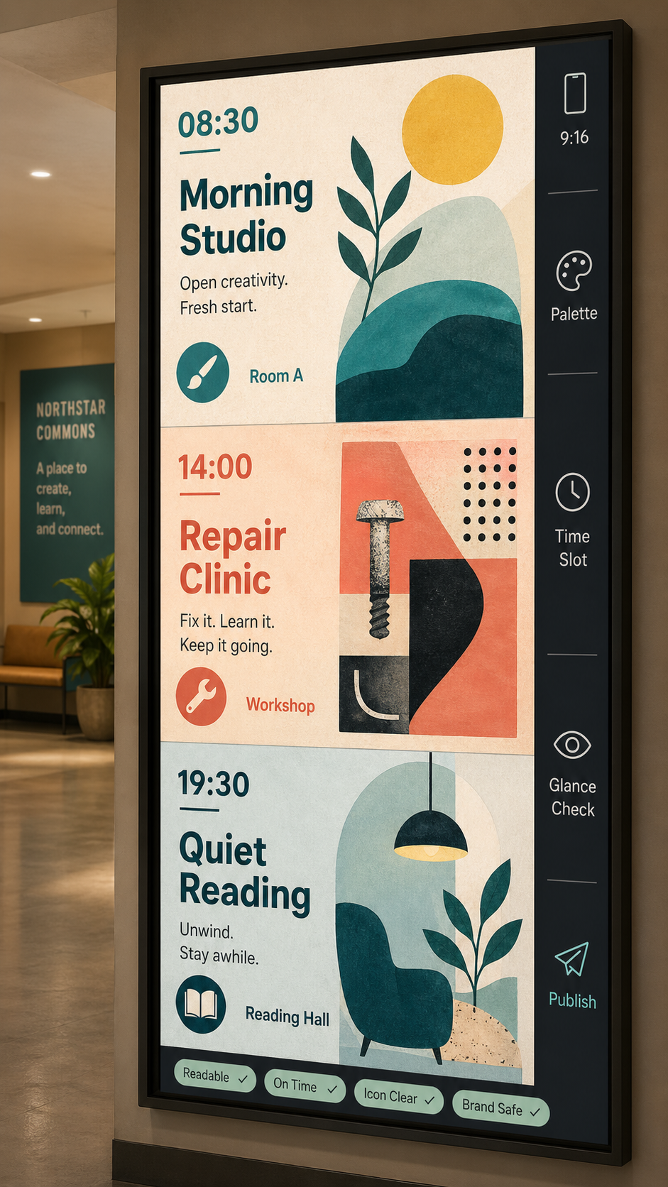 Vertical lobby digital signage mockup titled Daypart Signage Loop showing three time slots for Morning Studio, Repair Clinic, and Quiet Reading with deployment rail and QA chips