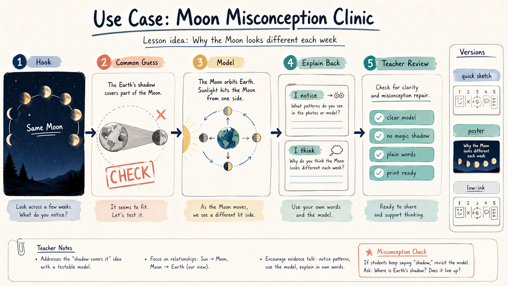 Landscape teacher resource production sheet titled Moon Misconception Clinic with Hook Common Guess Model Explain Back Teacher Review zones, moon phase thumbnails, Earth Moon Sun model, QA chips, and version rail