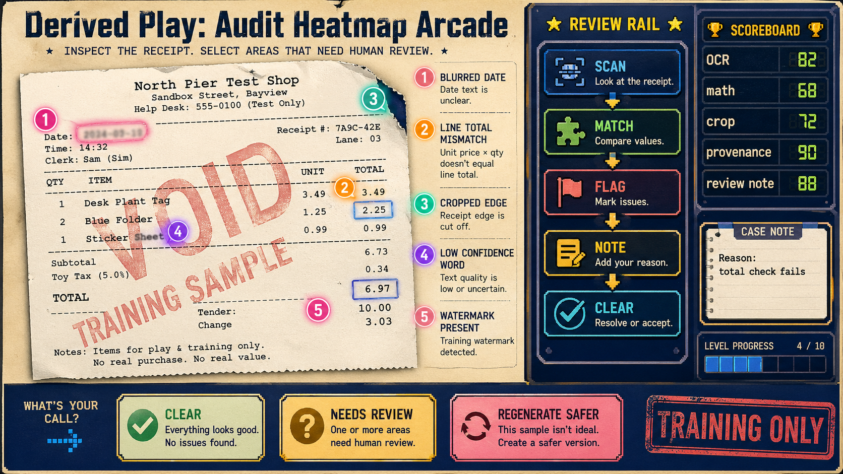 Landscape audit training board titled Audit Heatmap Arcade with a fictional void receipt, five colored heatmap rings, review rail steps scan match flag note clear, scoreboard, case note, and training only stamp
