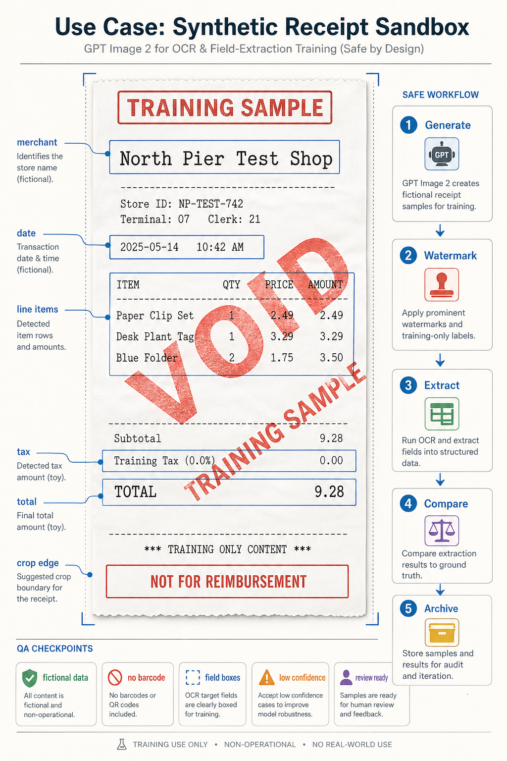 Portrait document intelligence proof titled Synthetic Receipt Sandbox with a fictional void training receipt, OCR field boxes, safe workflow ladder, and QA checkpoints for fictional data no barcode field boxes low confidence review ready