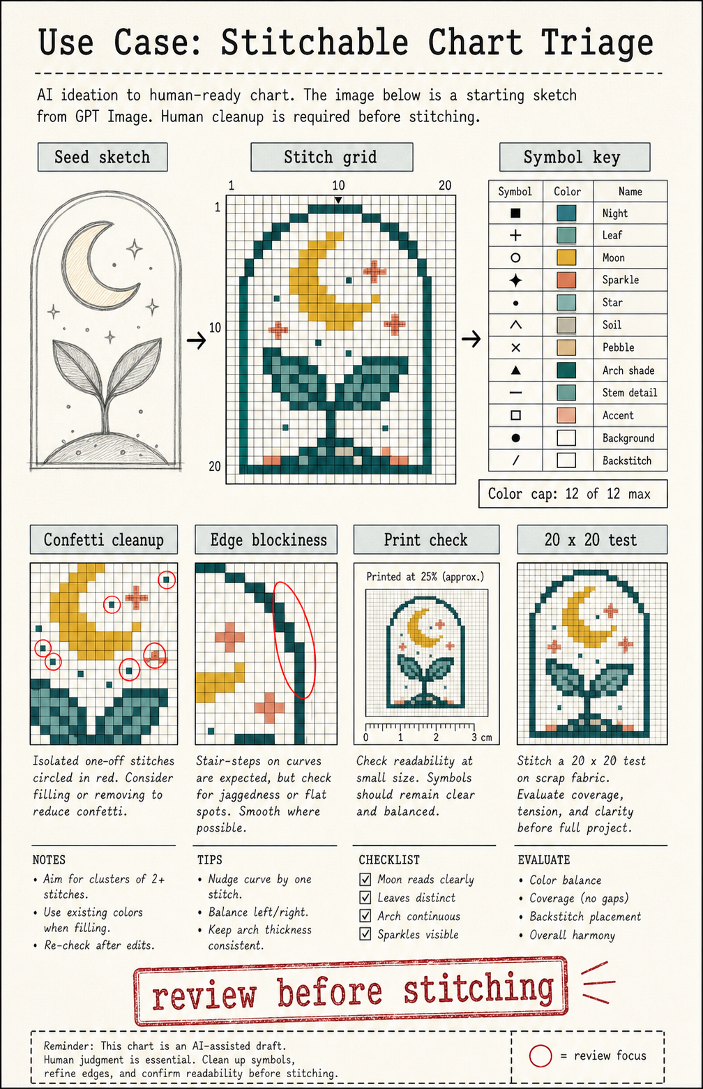 Printable cross-stitch chart triage dossier for a fictional Moon Sprout motif with seed sketch, stitch grid, symbol key, color cap, confetti cleanup, print check, and review-before-stitching stamp