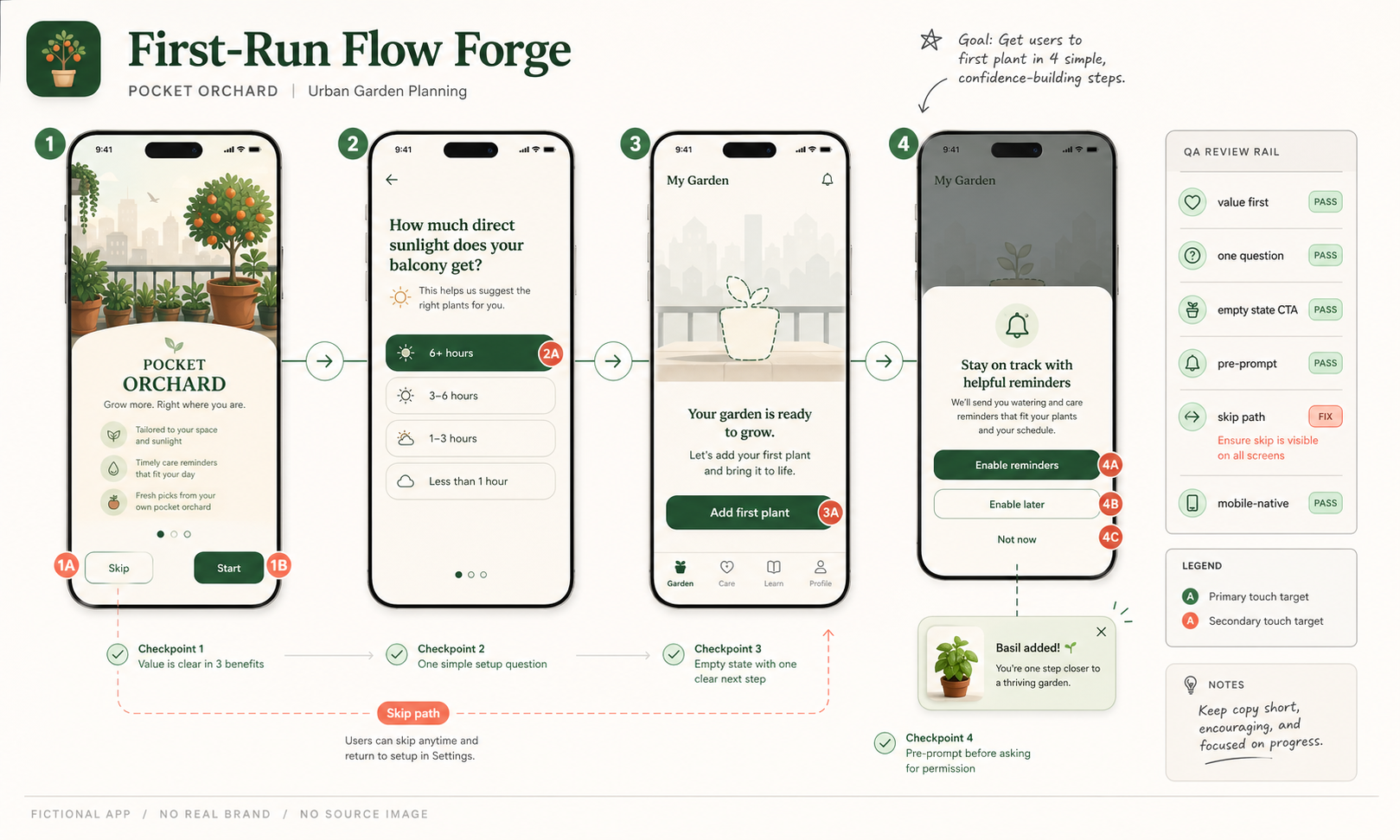 Wide UX prototype review artifact titled First-Run Flow Forge with four fictional Pocket Orchard phone screens, activation ribbon, touch target callouts, QA review rail, skip path note, and no source image footer