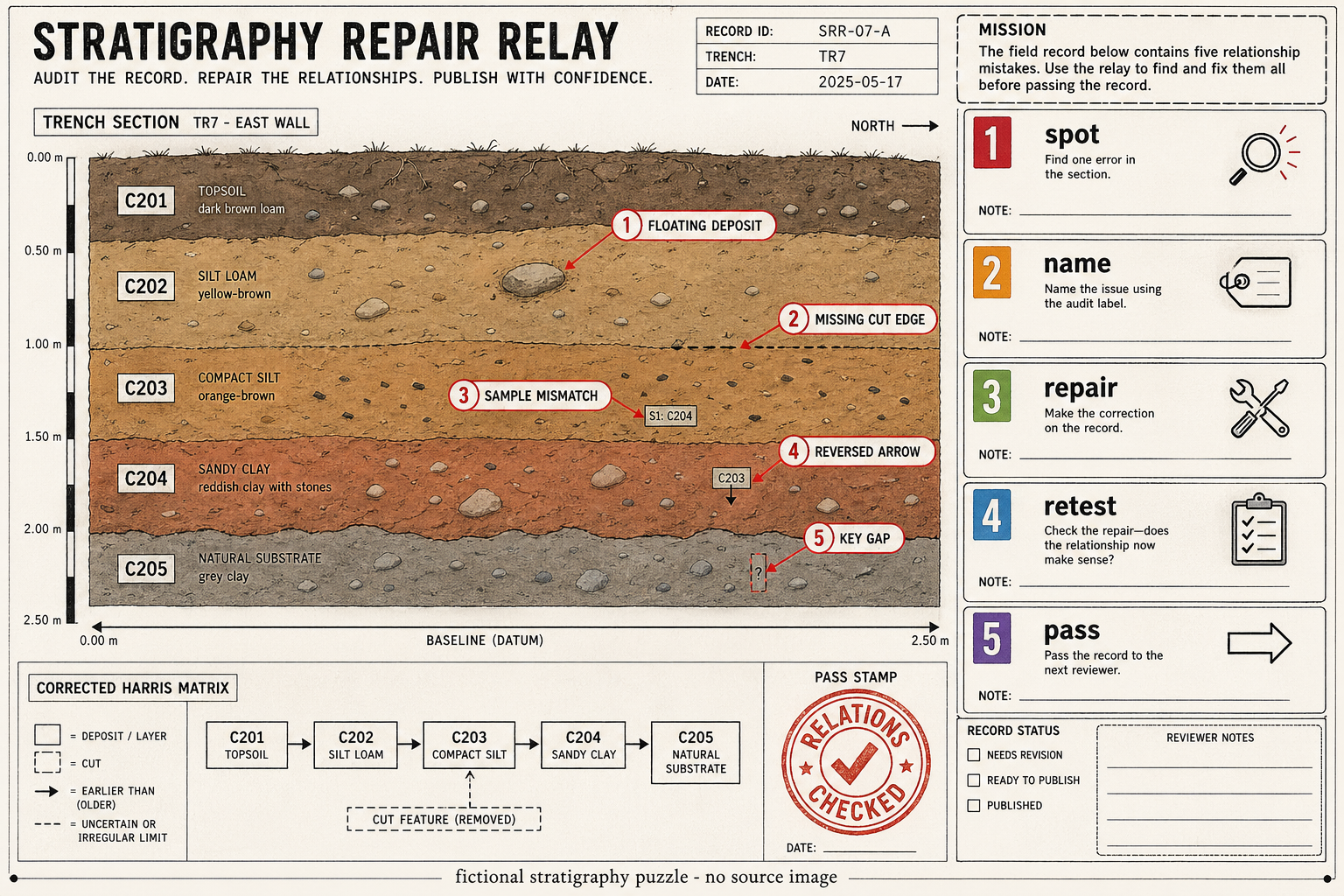 Landscape fictional stratigraphy puzzle sheet titled Stratigraphy Repair Relay with trench section layers C201 to C205, five red audit labels, relay action cards, corrected Harris matrix, and relations checked stamp