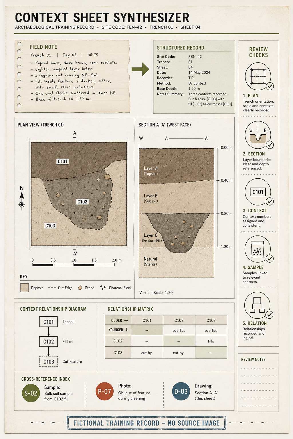 Portrait fictional archaeology training record titled Context Sheet Synthesizer with field note, structured record, plan view, section drawing, context relationship diagram, matrix, cross-reference index, and review checks