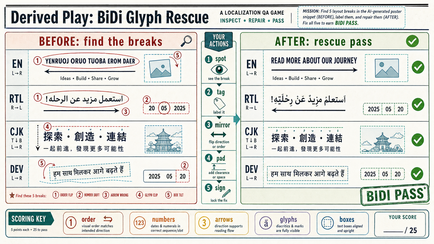 Landscape localization QA game titled BiDi Glyph Rescue with before and after mixed-script lanes, red fault loops, action ladder, scoring key, and BIDI PASS stamp