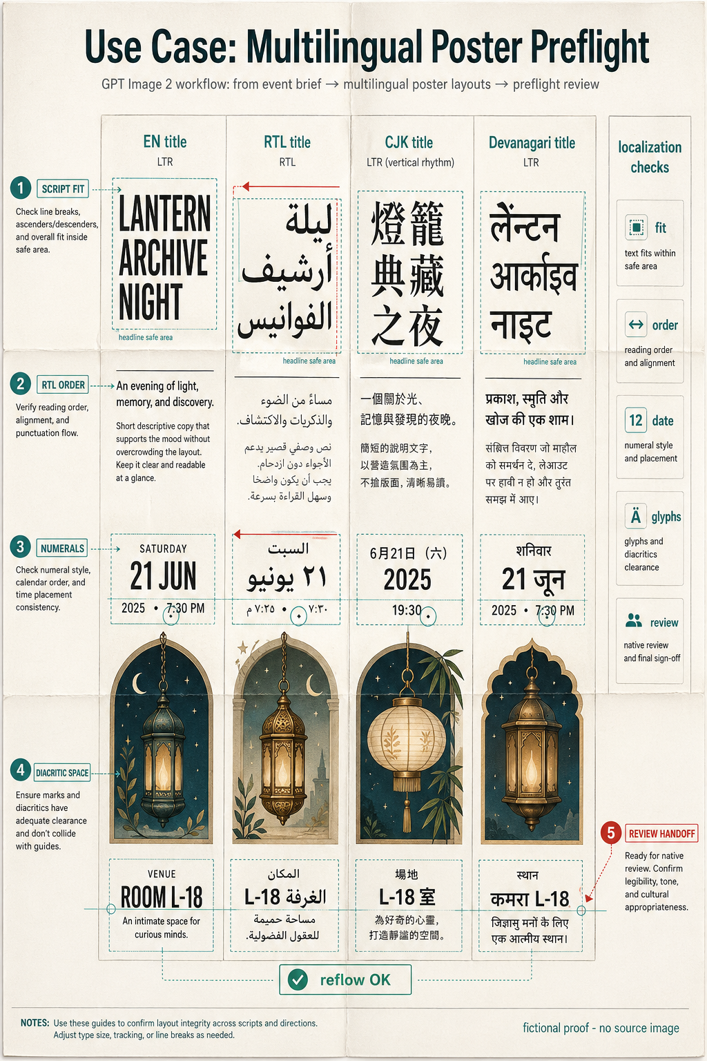 Portrait multilingual poster proof titled Multilingual Poster Preflight with EN RTL CJK and Devanagari lanes, bounding boxes, direction arrows, localization checks, reflow OK stamp, and fictional proof footer