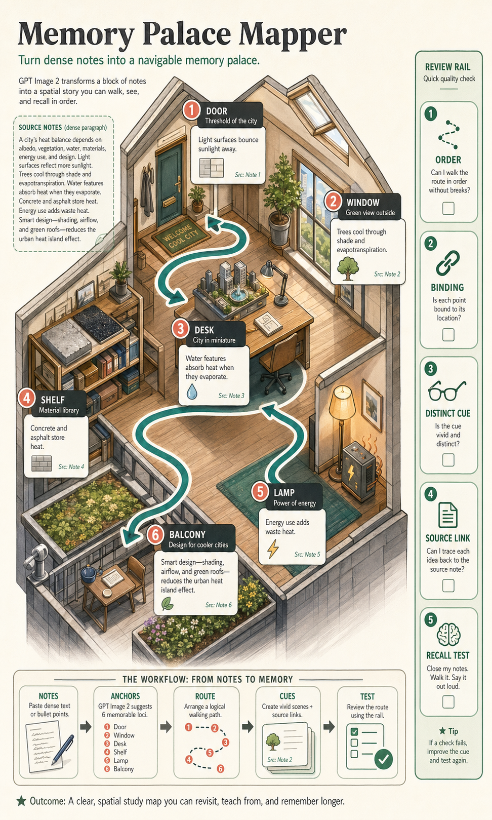 Tall isometric study loft map titled Memory Palace Mapper with six numbered loci, teal walking route arrows, source-note cards, review rail, and notes-to-test workflow strip