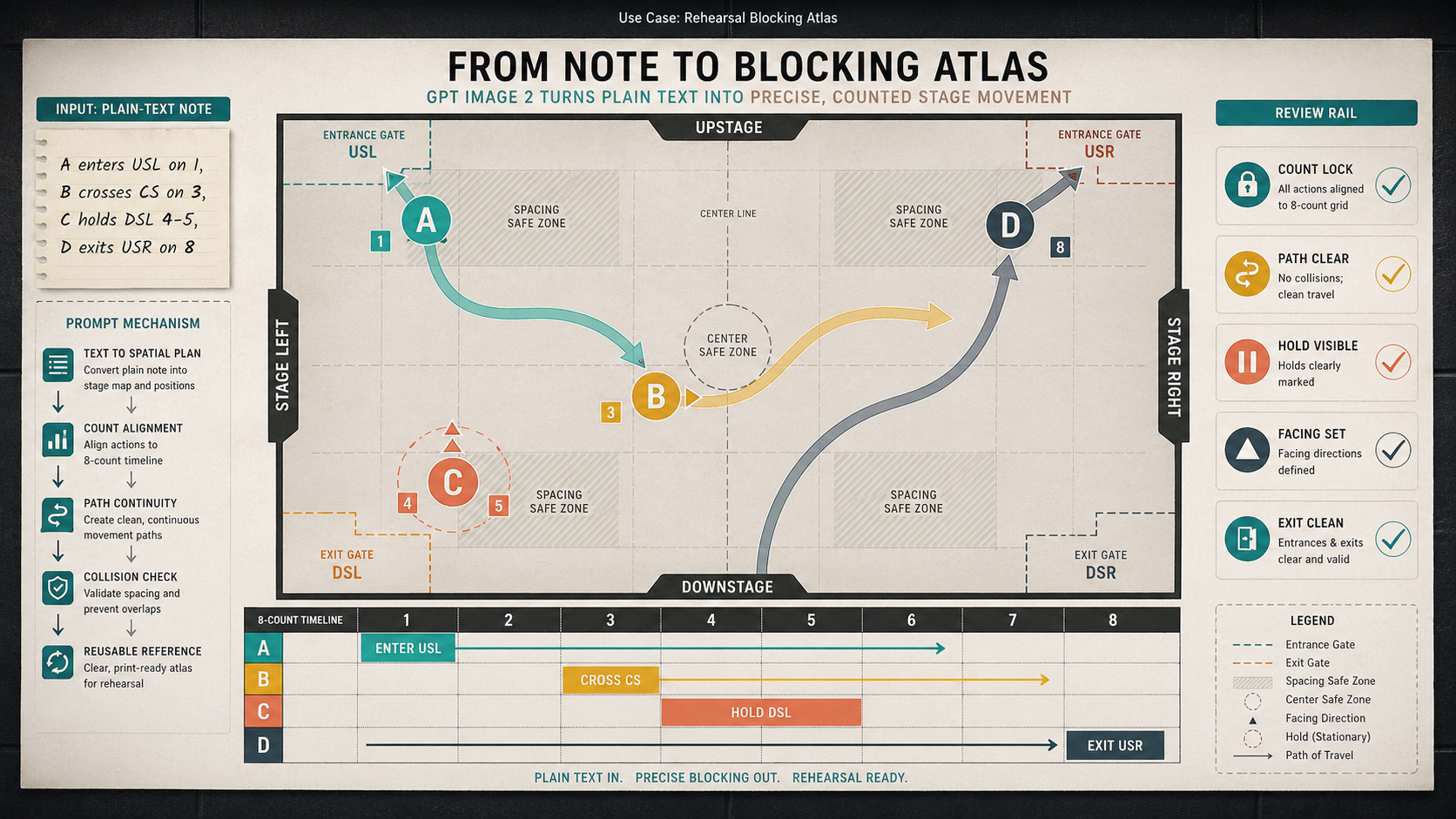 Wide fictional rehearsal planning wall titled Rehearsal Blocking Atlas with overhead stage map, performer tokens A to D, colored path ribbons, count bars, entrance and exit gates, hold markers, facing triangles, and review checks