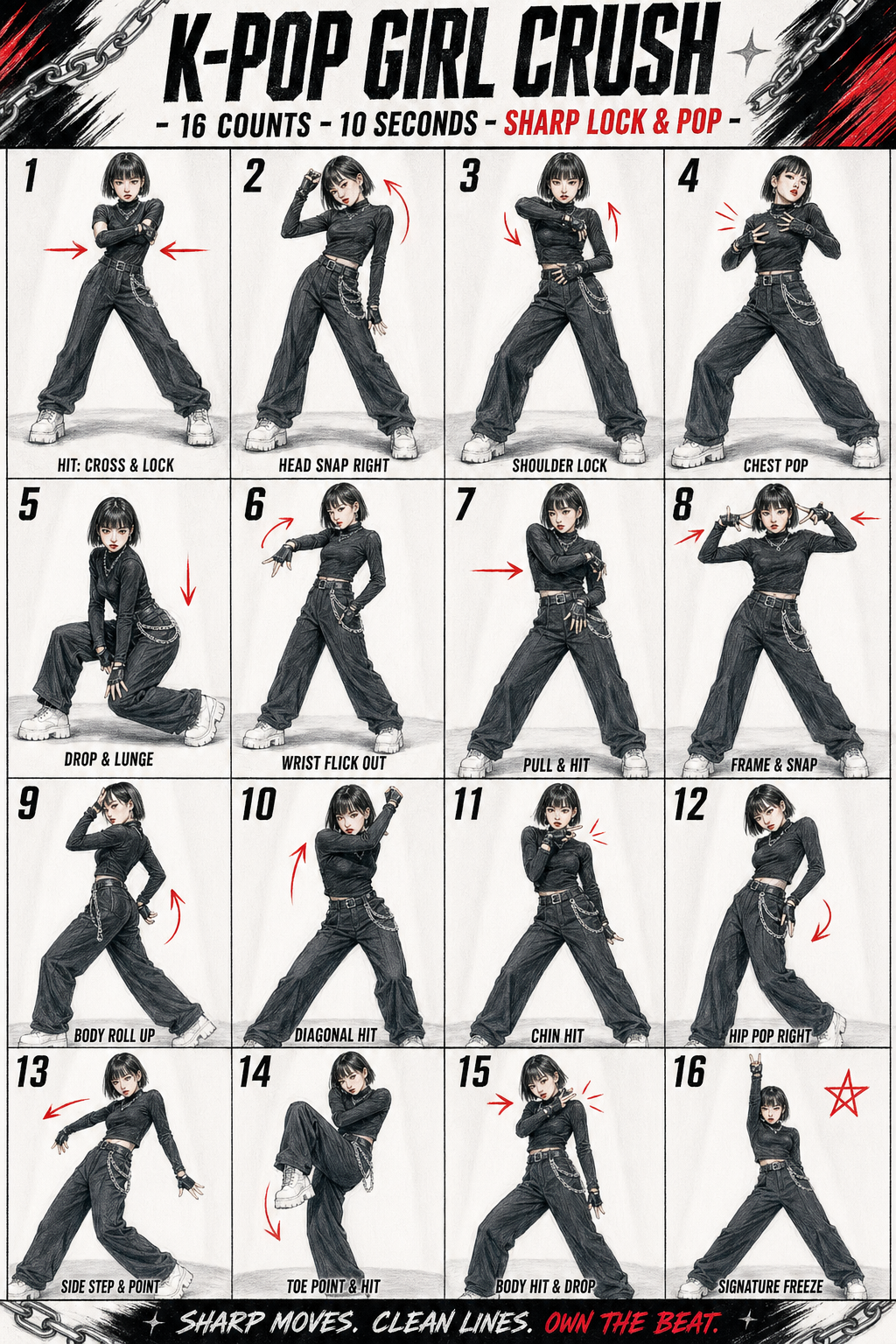 Colored pencil choreography sheet infographic with 16 K-pop solo dance poses in a 4x4 grid, monochrome styling, red motion arrows, and editorial tutorial-poster layout