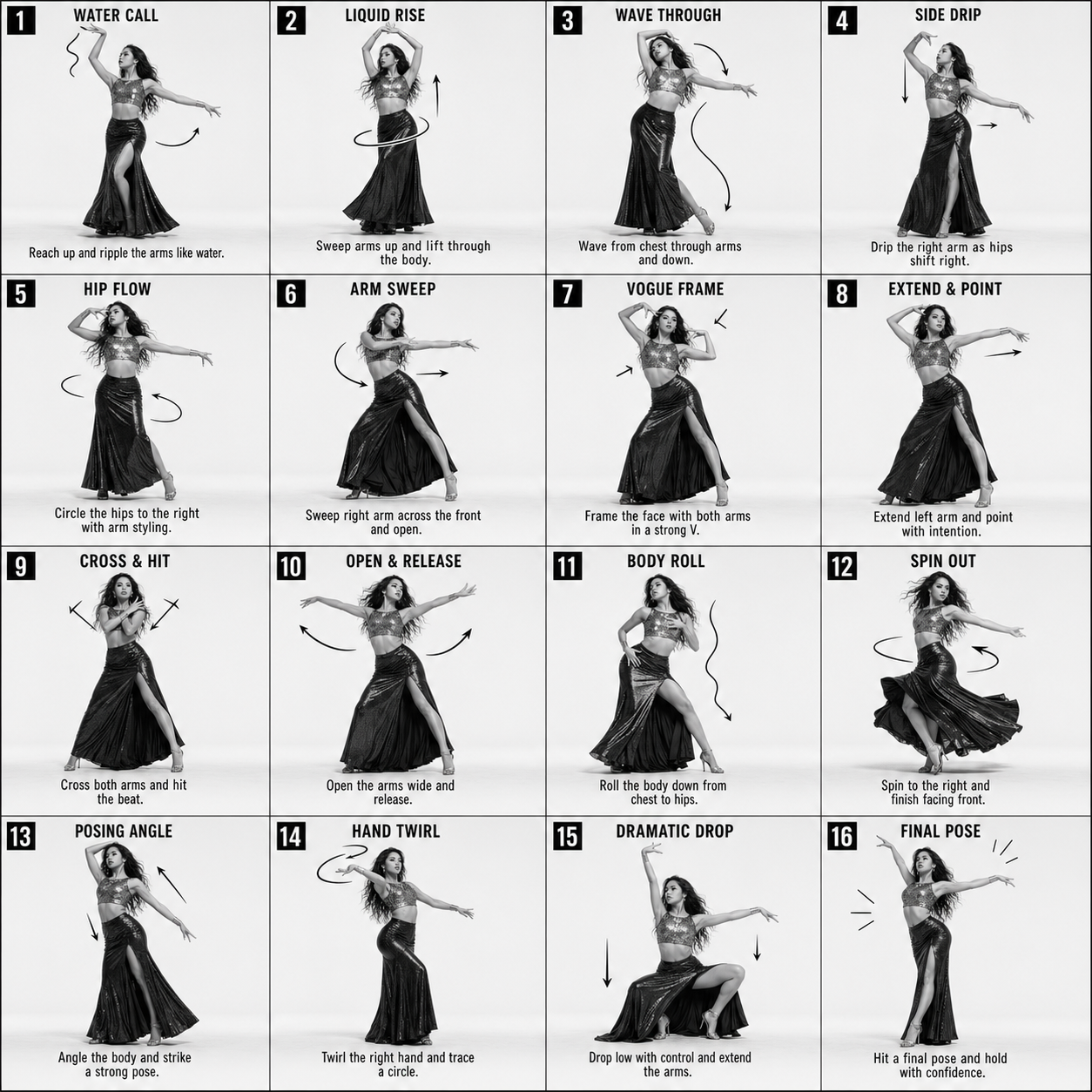 16-step dance movement sheet with one dancer in a 4x4 grid