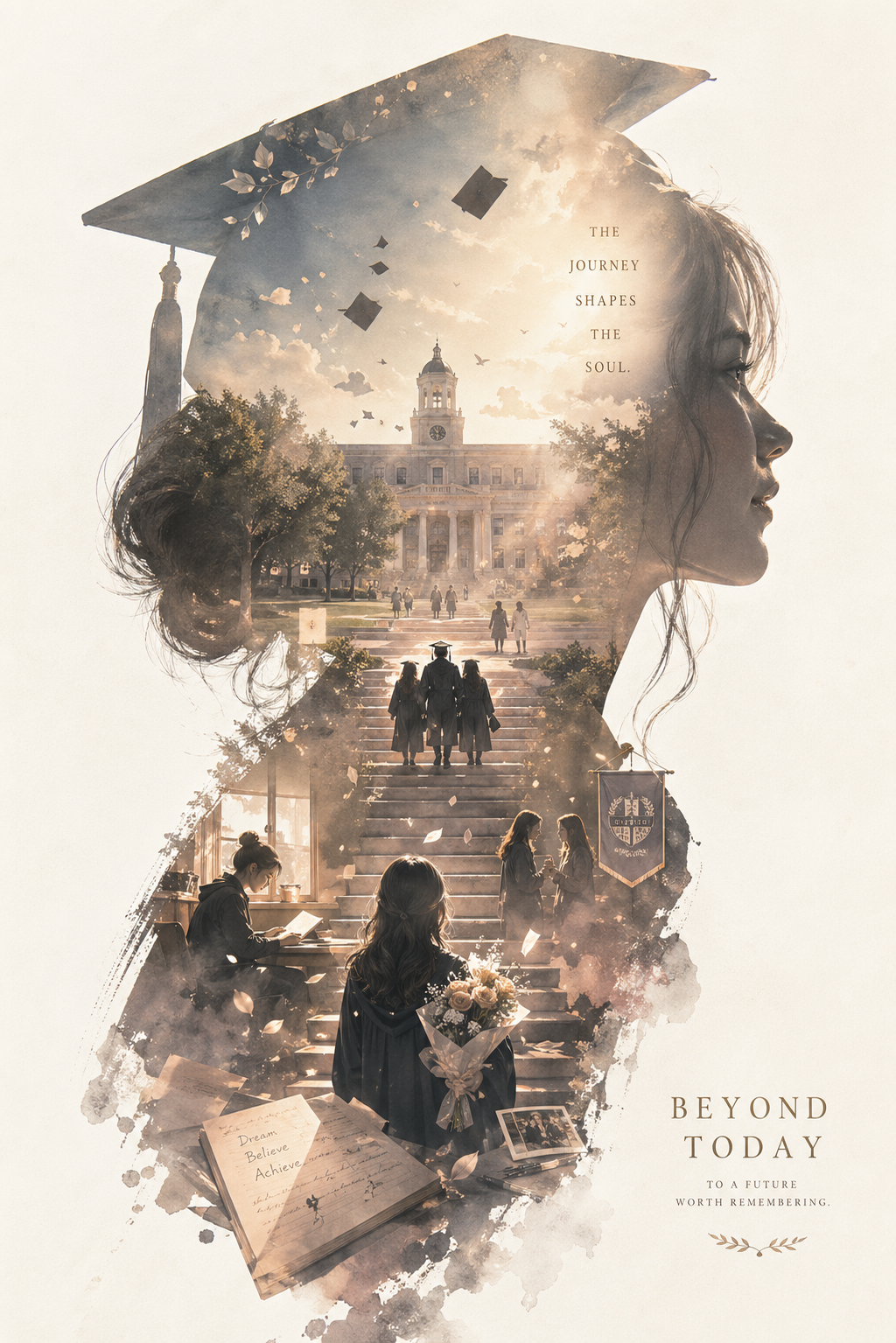 Epic narrative poster with side-profile silhouette and graduation-themed worldbuilding